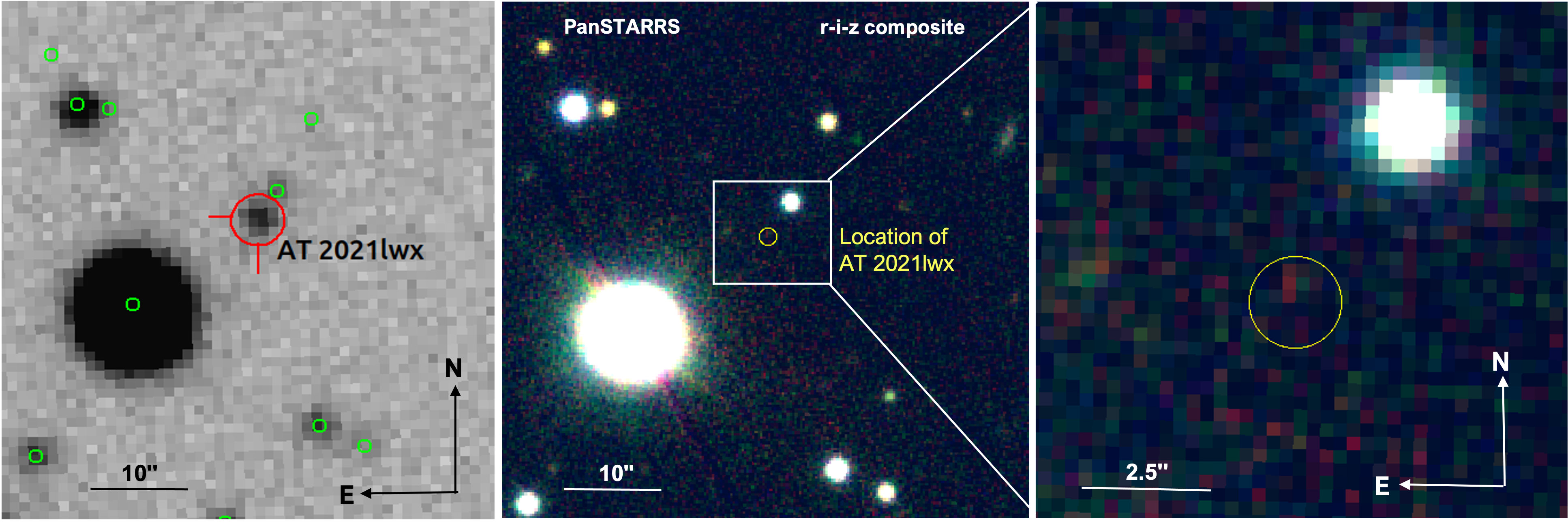 Left: ZTF image of the field surrounding AT 2021lwx. Middle: Composite  image of the same field made from images obtained from the PanSTARRS archive. Right: Zoom in at the location of AT 2021lwx.