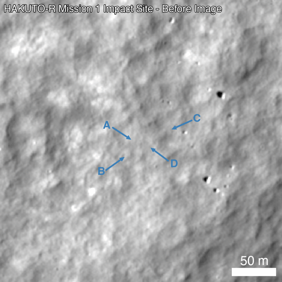 HAKUTO-R Mission 1 lunar lander site, as seen by the Lunar Reconnaissance Orbiter Camera (LROC) on April 26, 2023